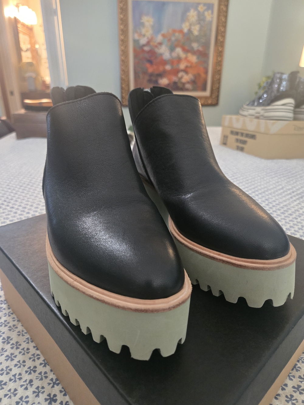 Black Platform Ankle Shoes with Olive Green Lug Sole